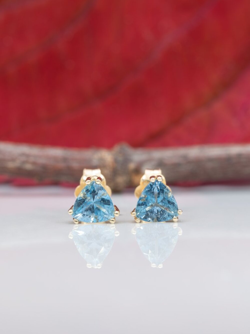 Aquamarine Stud Earrings, 14K Solid Gold, 5mm Trillion Cut March Birthstone